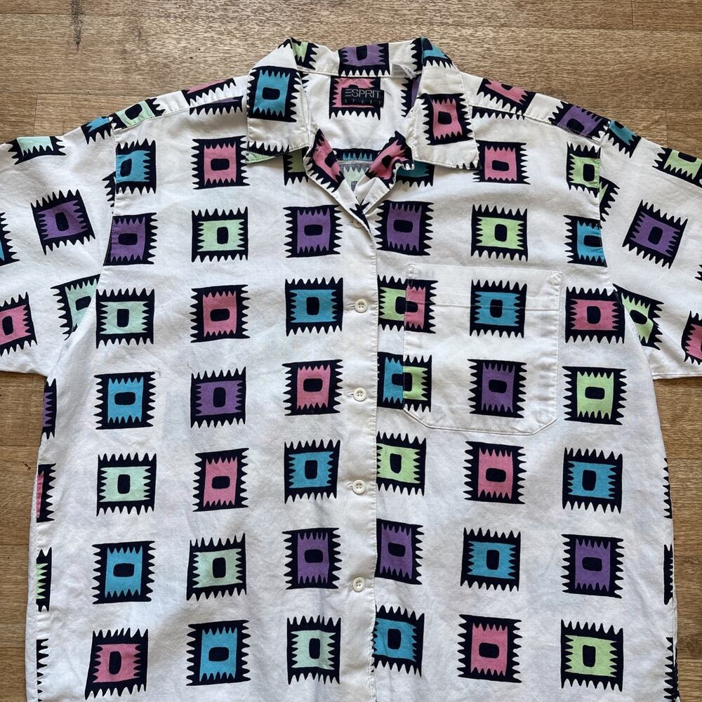 Vintage Esprit Sport Top Women’s S Oversized Geometric Button Up Shirt 80s 90s